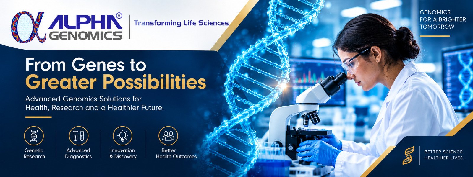 Alpha Genomics — From Genes to Greater Possibilities. Advanced genomics solutions for health, research and a healthier future: genetic research, advanced diagnostics, innovation and discovery, better health outcomes.