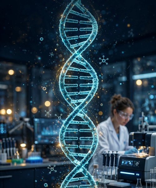 DNA double helix rendered over a researcher working in the Alpha Genomics laboratory